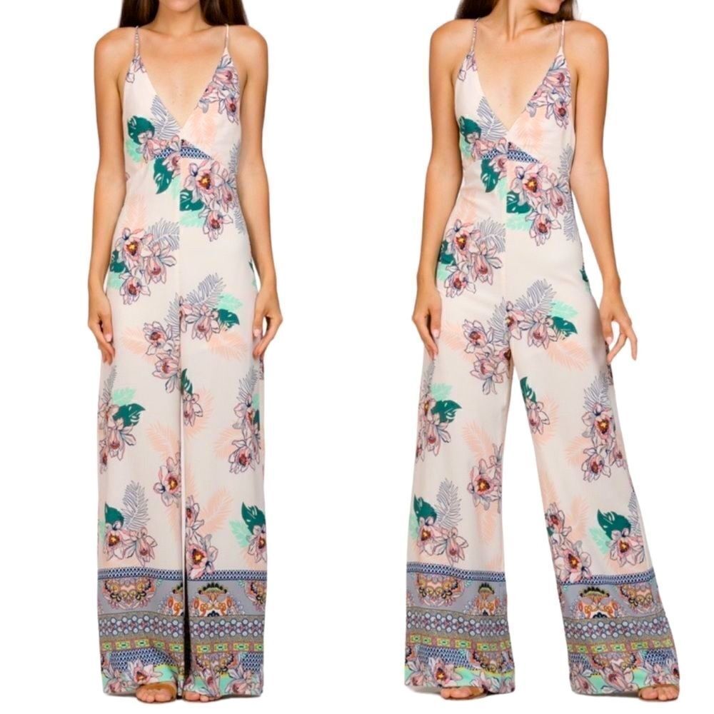 Ark & Co Abstract Tropical Floral Print Lace Up Back Crepe Jumpsuit Sz S